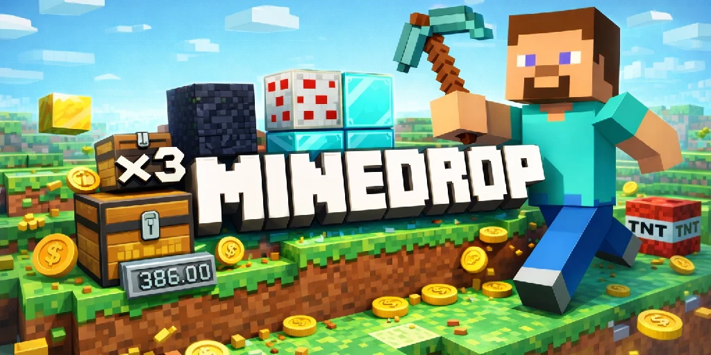 Steve mit Spitzhacke und MineDrop Logo auf Minecraft-Blöcken Hintergrund – Mobile App Download