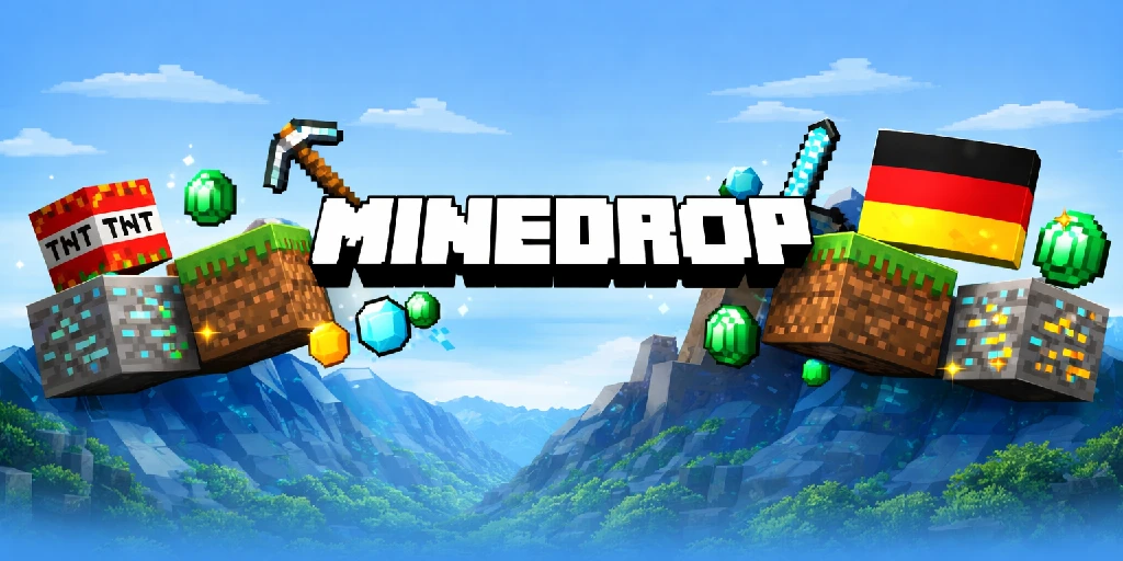 MineDrop Logo auf deutschem Flaggenhintergrund mit Minecraft-Blöcken – Slot mit strategischer Entscheidungslogik