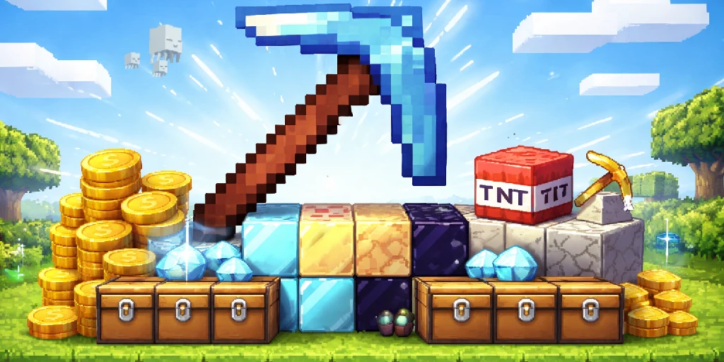 Diamantspitzhacke auf Minecraft-Blöcken mit Münzen links und Truhen unten – MineDrop Slot Gewinnsymbole