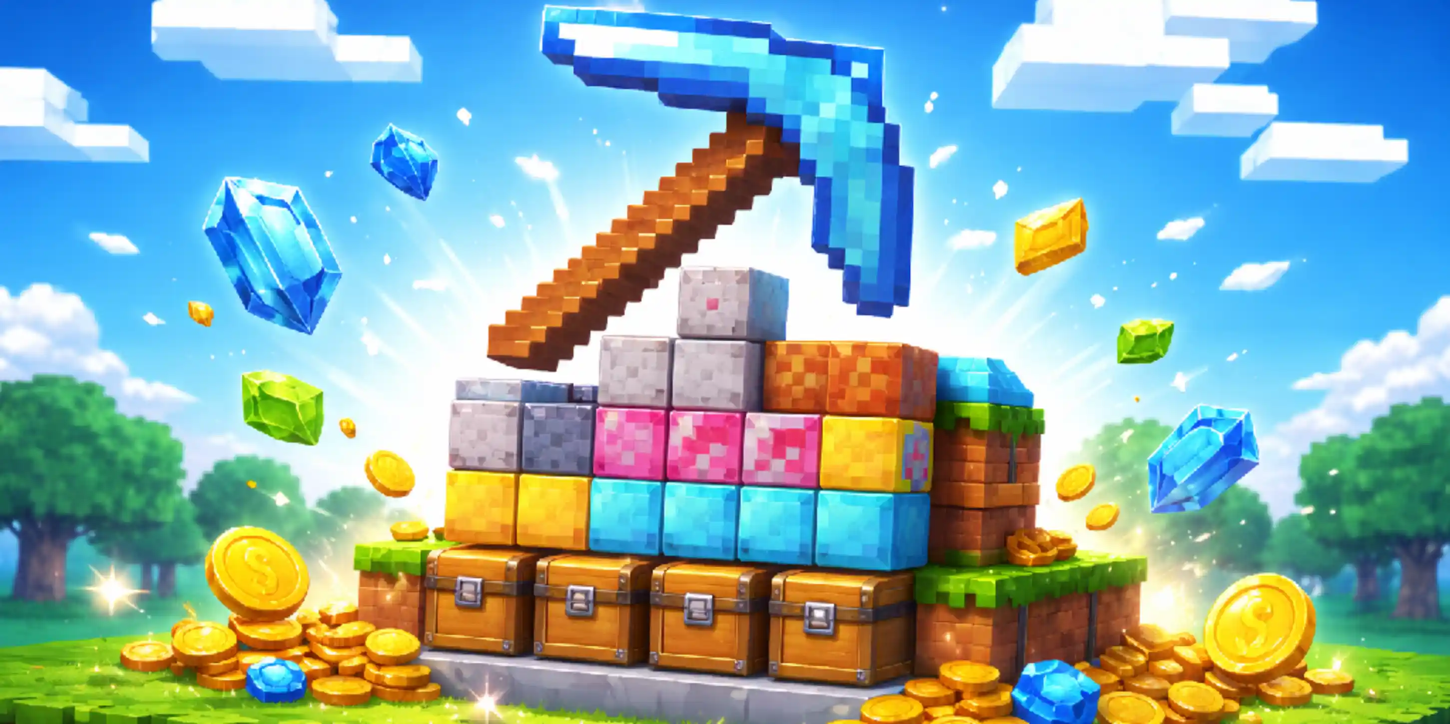 Diamantspitzhacke auf Minecraft-Blöcken mit Truhen, Münzen, Diamanten und Smaragden – Gewinneffekt bei MineDrop